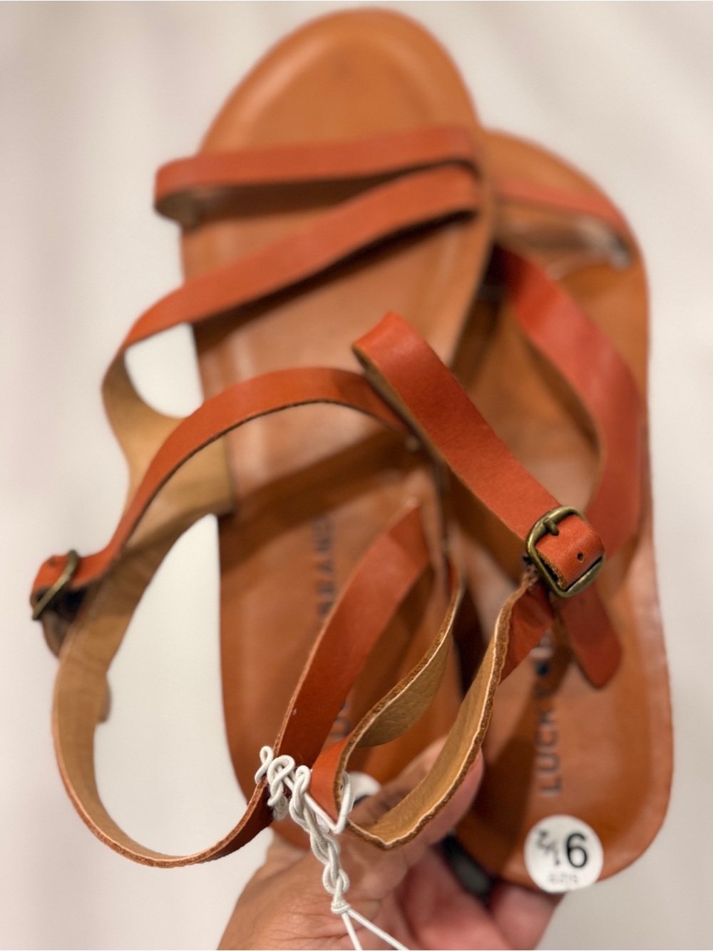 Lucky Brand Cognac Leather Strappy Flat Sandals Size 9.5 - Picture 2 of 5
